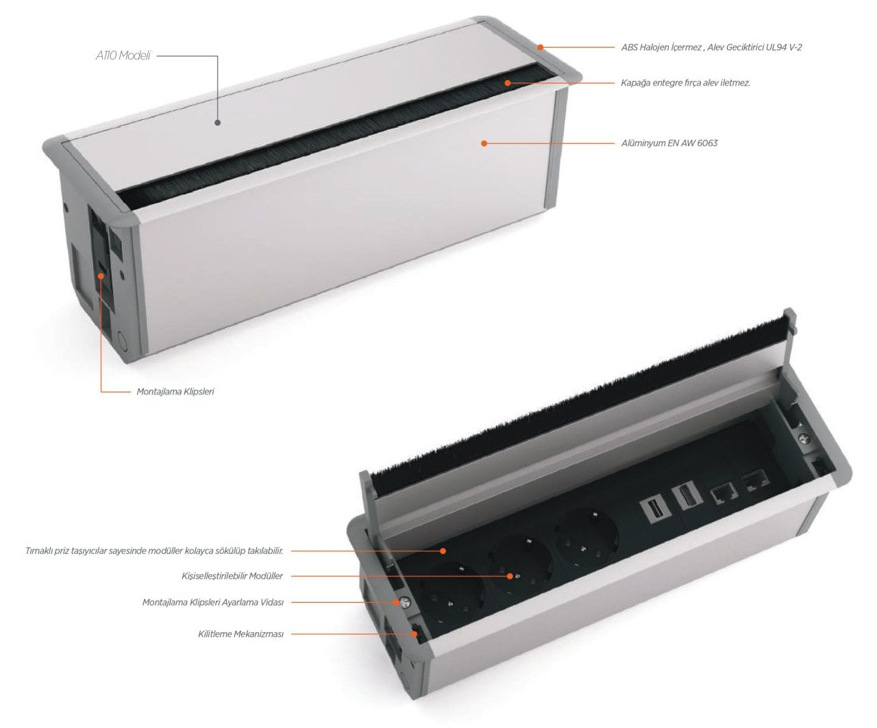 Masa Üstü Priz Kutusu(Alüminyum) 10 modül