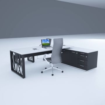 Karm Uzun Alt Etajerli Yönetici Masası 185x170 - Beyaz