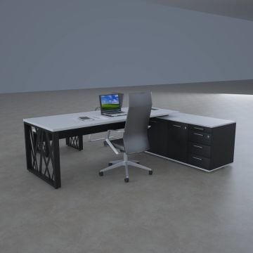 Karm Uzun Alt Etajerli Yönetici Masası 185x170 - Beyaz