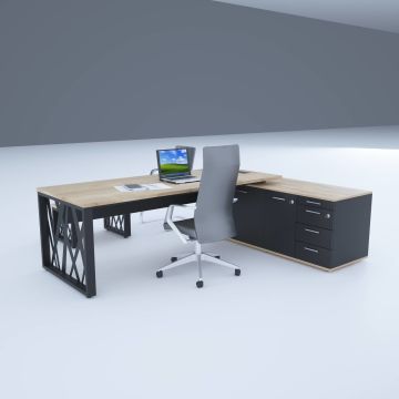 Karm Uzun Alt Etajerli Yönetici Masası 185x170 - Meşe