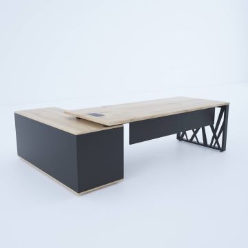 Karm Uzun Alt Etajerli Yönetici Masası 185x170 - Meşe