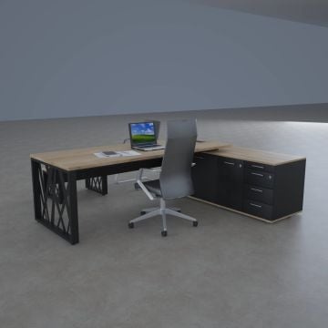 Karm Uzun Alt Etajerli Yönetici Masası 185x170 - Meşe