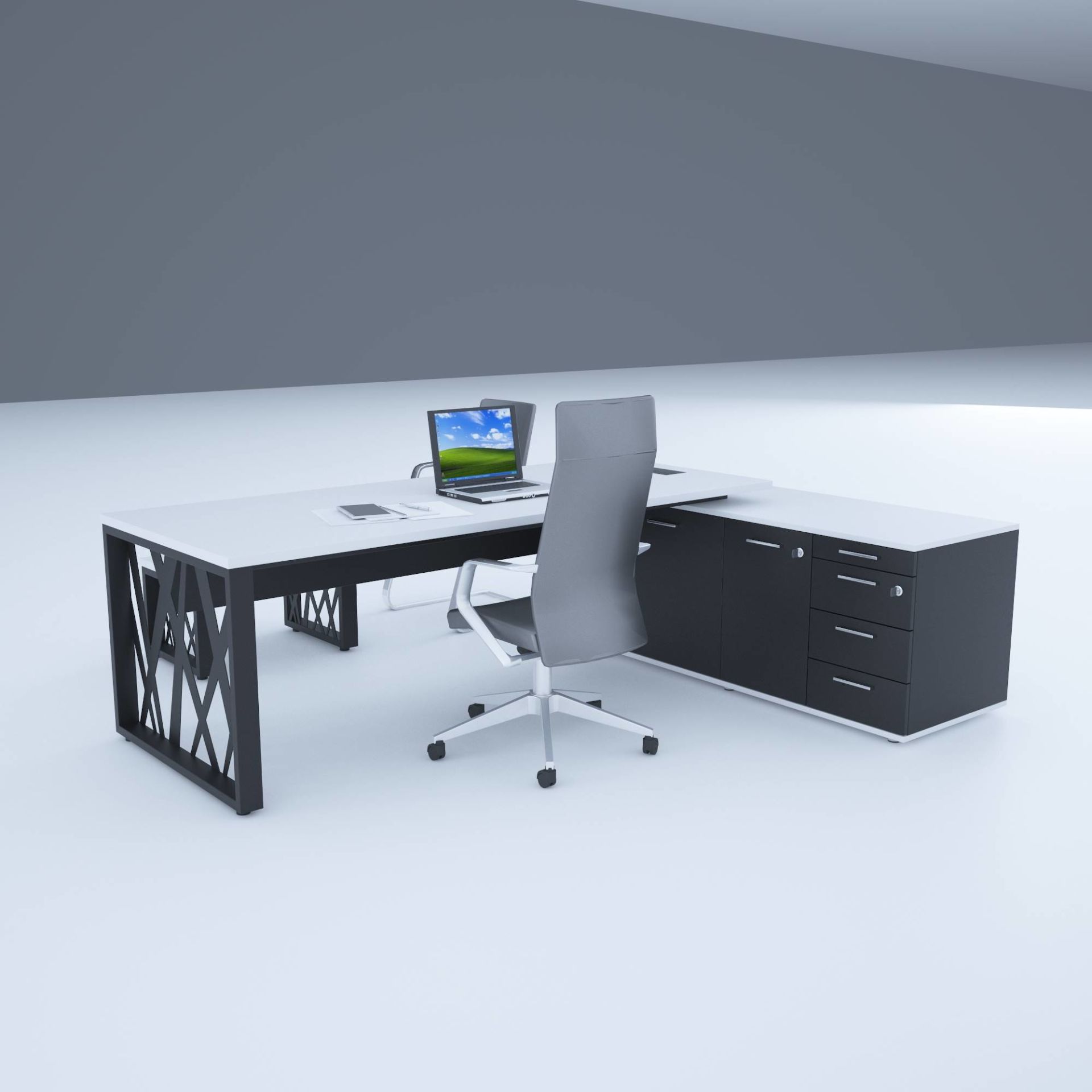 Karm Uzun Alt Etajerli Yönetici Masası 205x170 - Beyaz