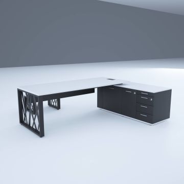 Karm Uzun Alt Etajerli Yönetici Masası 205x170 - Beyaz