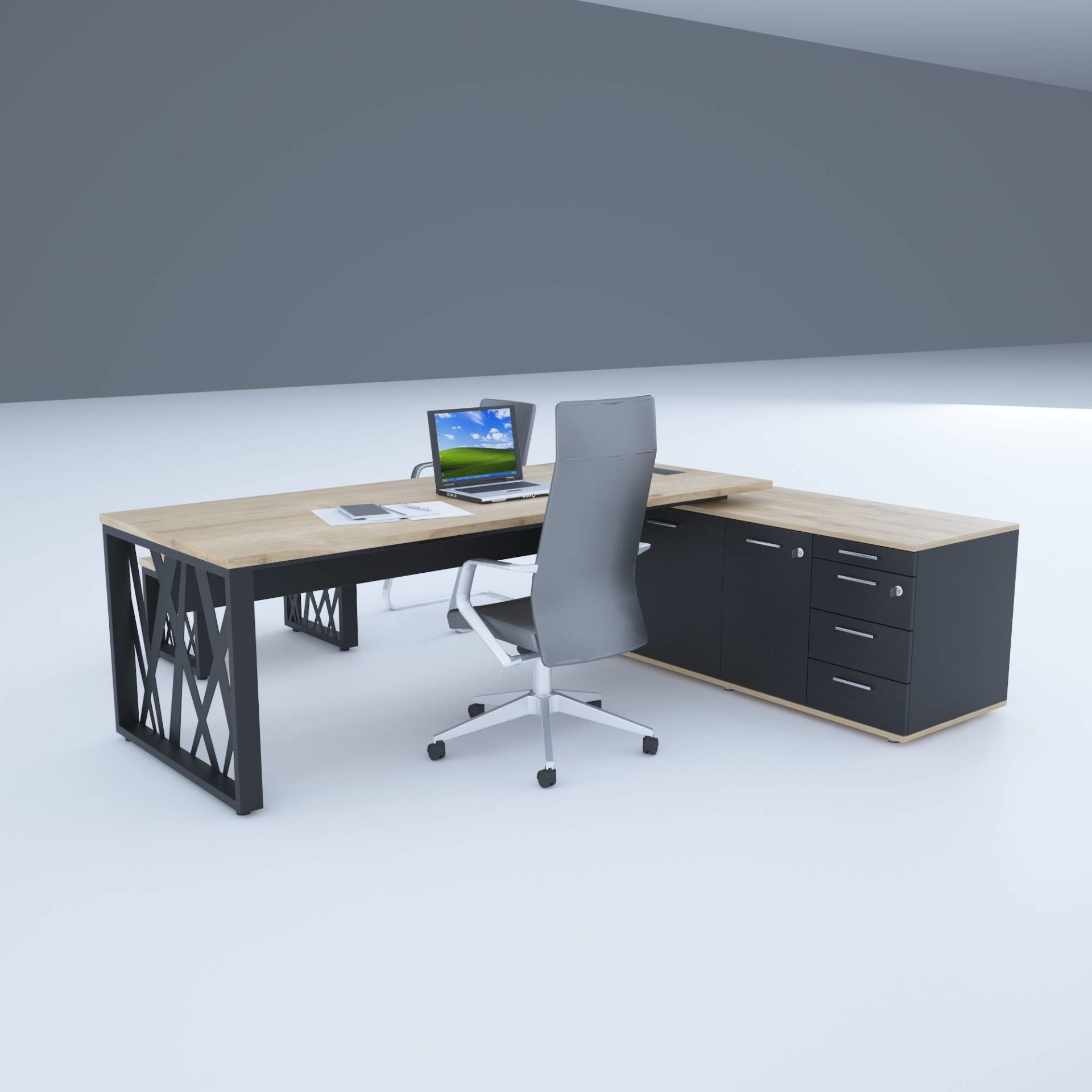 Karm Uzun Alt Etajerli Yönetici Masası 205x170 - Meşe