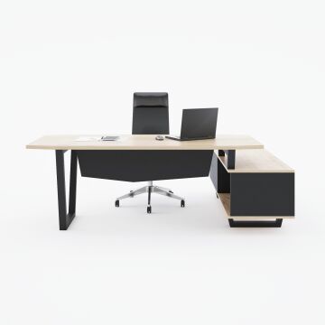 Aleos Alt Etajerli Yönetici Masası 185x160 - Meşe+Antrasit
