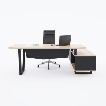 Aleos Alt Etajerli Yönetici Masası 205x160 - Meşe+Antrasit