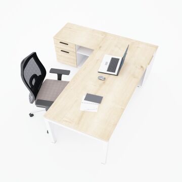 Cube-40 160cm Alt Etajerli Çalışma Masası 225x160 - Meşe+Beyaz